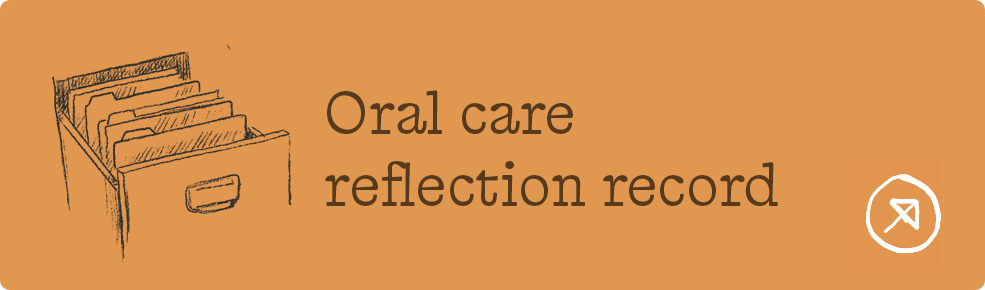 Illustration of an open filing cabinet drawer with hanging folders next to text reading 'Oral care reflection record' on a brown background with a white arrow icon in a circle on the right.
