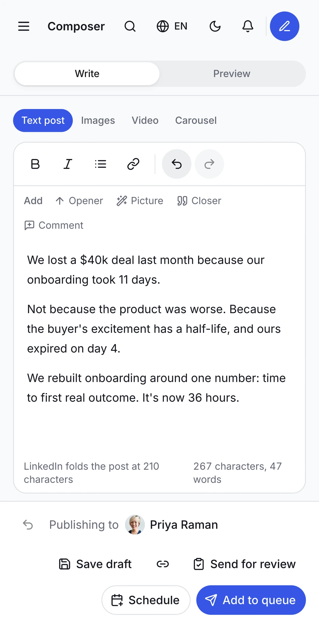 Writing a post in Hypelio on a phone, with the publishing bar at the bottom