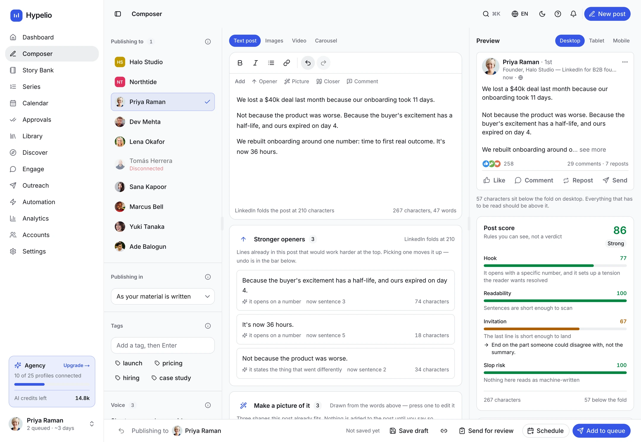Writing a post in Hypelio: the draft on the left, the LinkedIn preview and its post score on the right