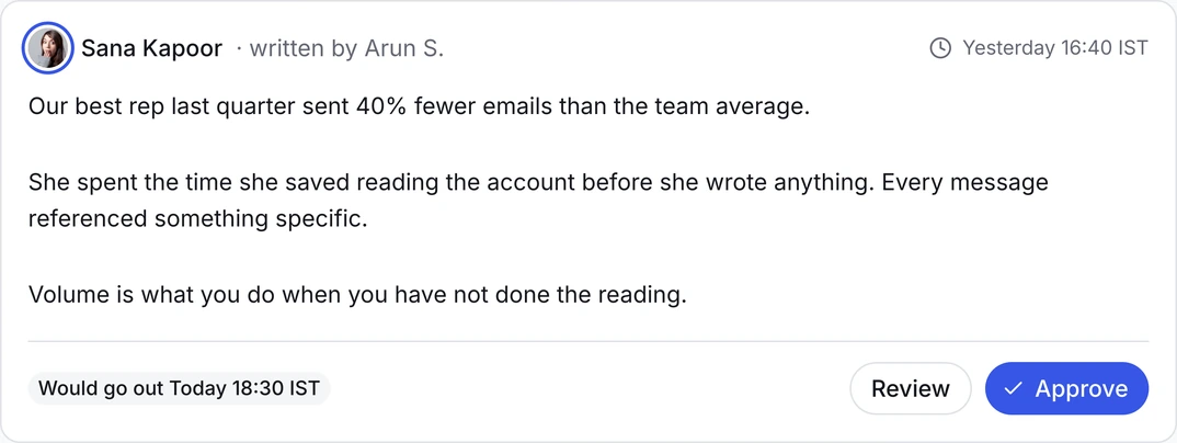 Three posts waiting on approval, each showing whose account it goes out on, who wrote it, and when it would publish