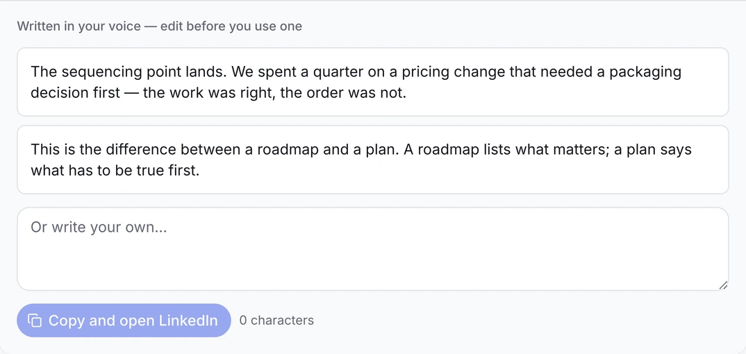 A post worth replying to, with two comments drafted in the account's own voice and a button to copy one and open LinkedIn