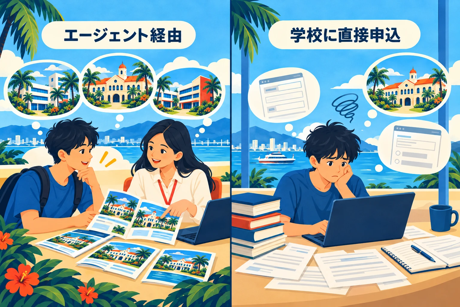エージェント経由と学校への直接申込の違いを比較するイラスト