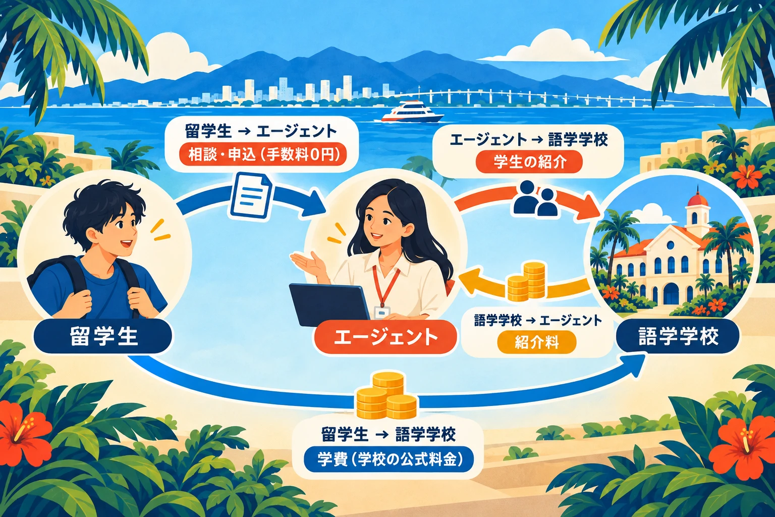 エージェントが語学学校から紹介料を受け取り手数料0円になる仕組みのイラスト