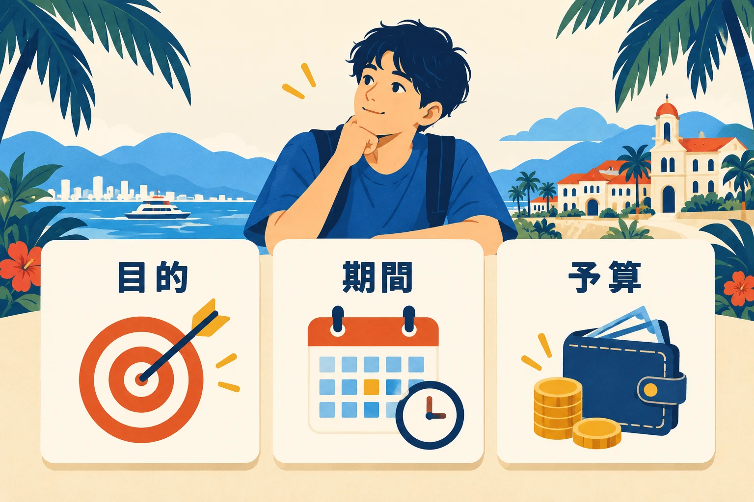 学校選びの前に決める「目的」「期間」「予算」の3つの条件を示すイラスト