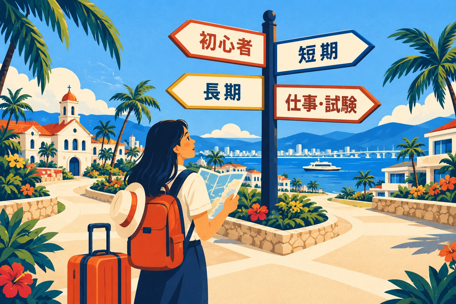「初心者」「短期」「長期」「仕事・試験」を指す道しるべの前で、地図を見ながら進む方向を考える留学生のイラスト