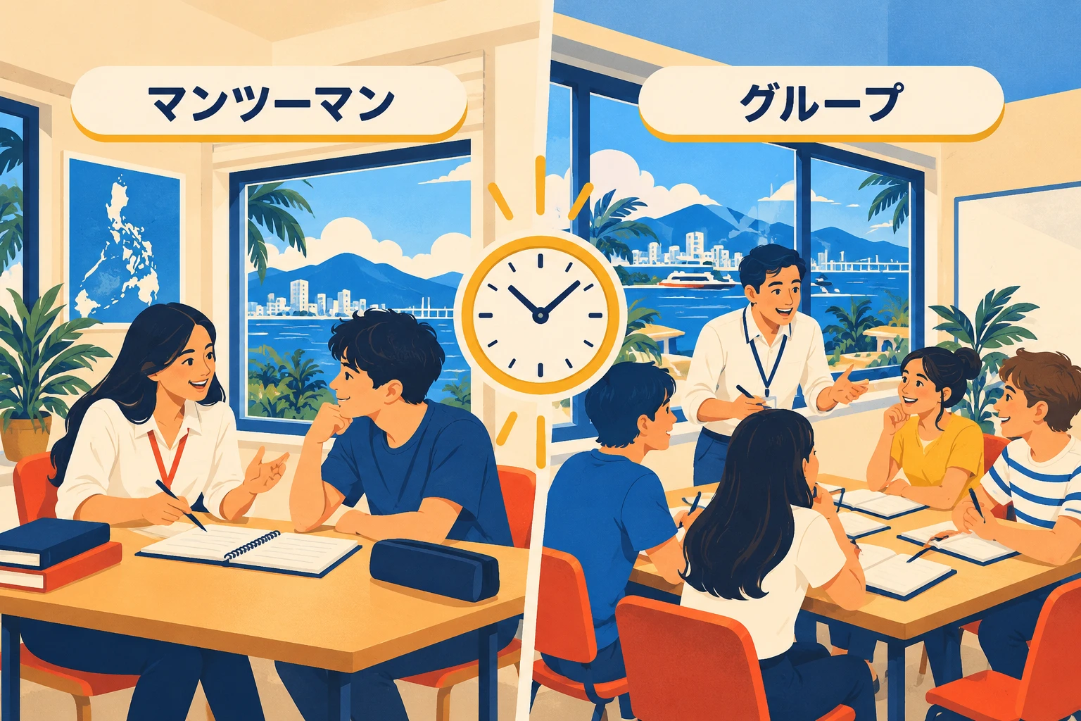 講師と1対1で話すマンツーマン授業と、講師1人と学生4人のグループ授業を左右に並べたイラスト
