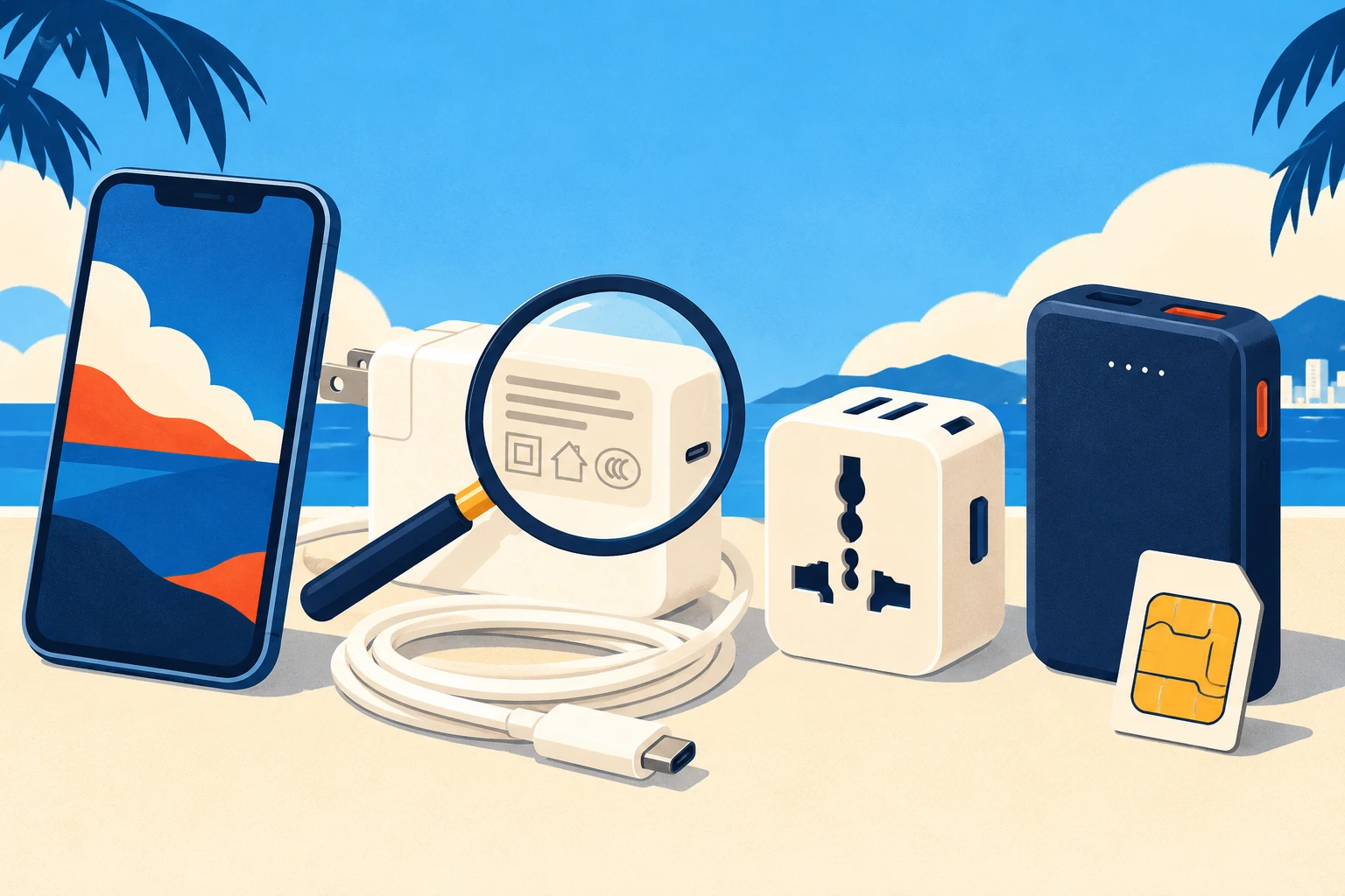 スマートフォン・充電器・変換プラグ・モバイルバッテリー・SIMカードと、充電器の対応電圧を虫めがねで確認するイラスト