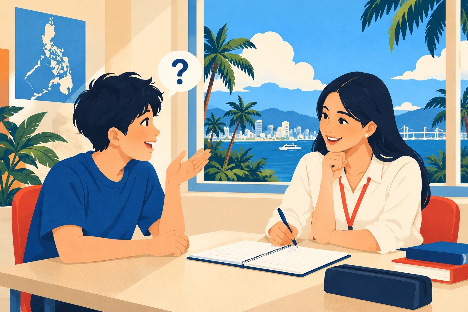 マンツーマン授業で学生が「?」を浮かべて講師に聞き返し、講師がノートを取りながら笑顔で応じるイラスト