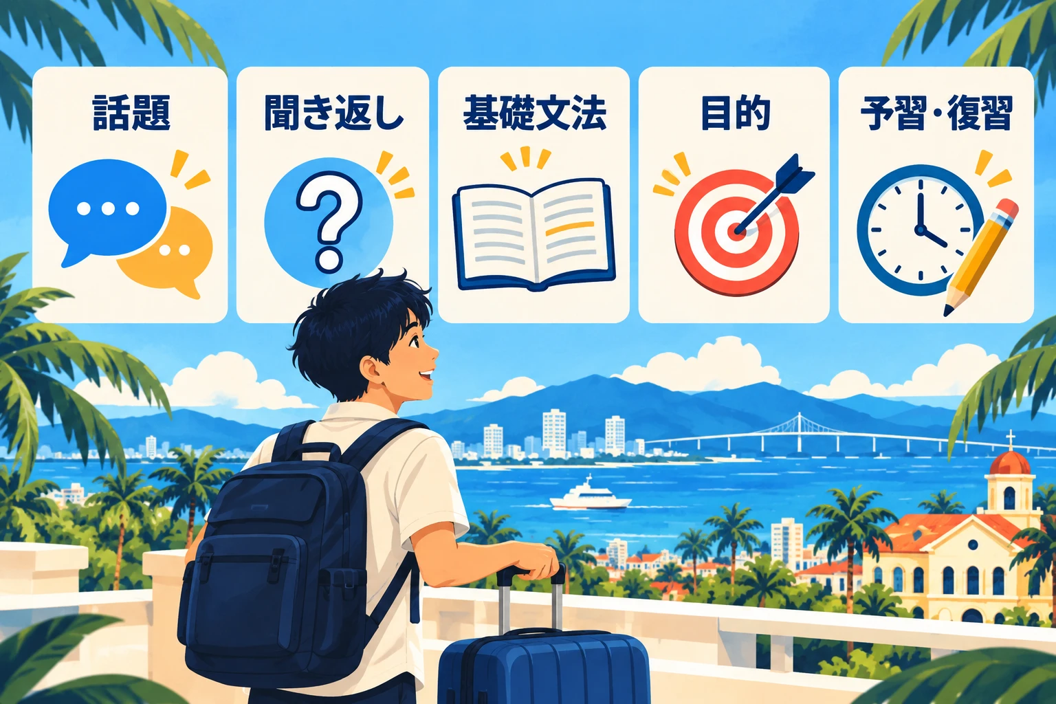 話題・聞き返し・基礎文法・目的・予習復習の5つの準備をカードで示し、スーツケースを持った留学生がセブの街を眺めるイラスト