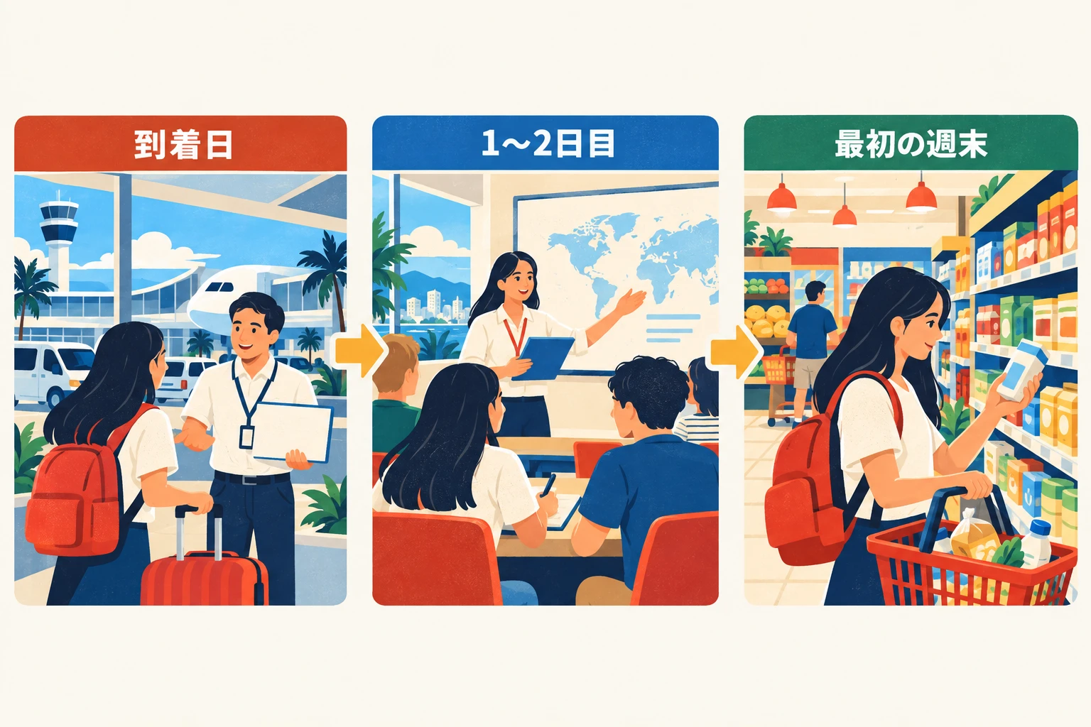 到着日の空港送迎、1〜2日目のオリエンテーション、最初の週末の買い物という流れを示したイラスト