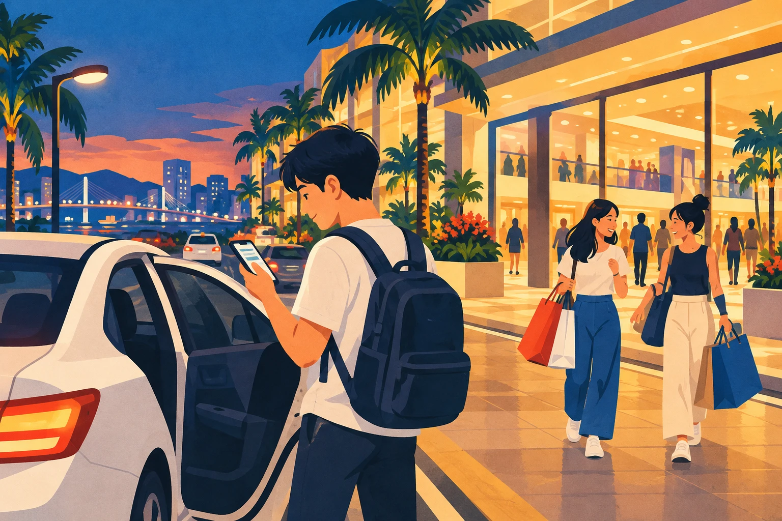 配車アプリで車を呼ぶ留学生と、ショッピングモールで買い物をする留学生のイラスト