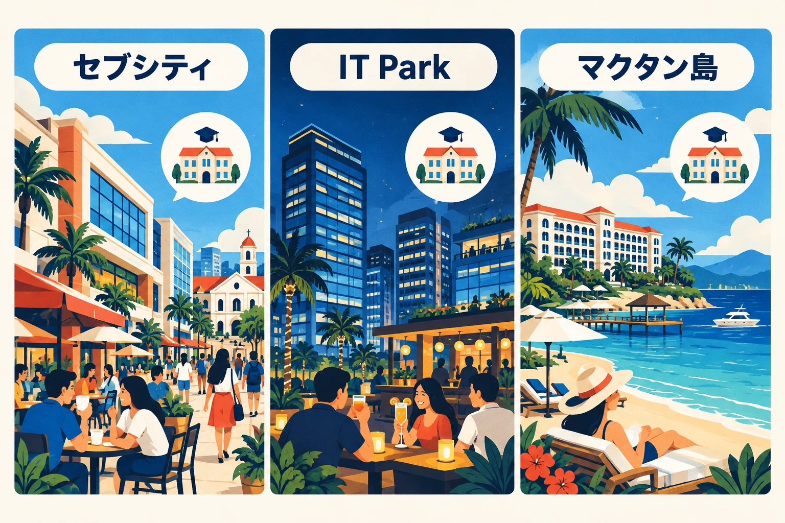 セブシティ・IT Park・マクタン島の3つのエリアの街並みを比べたイラスト