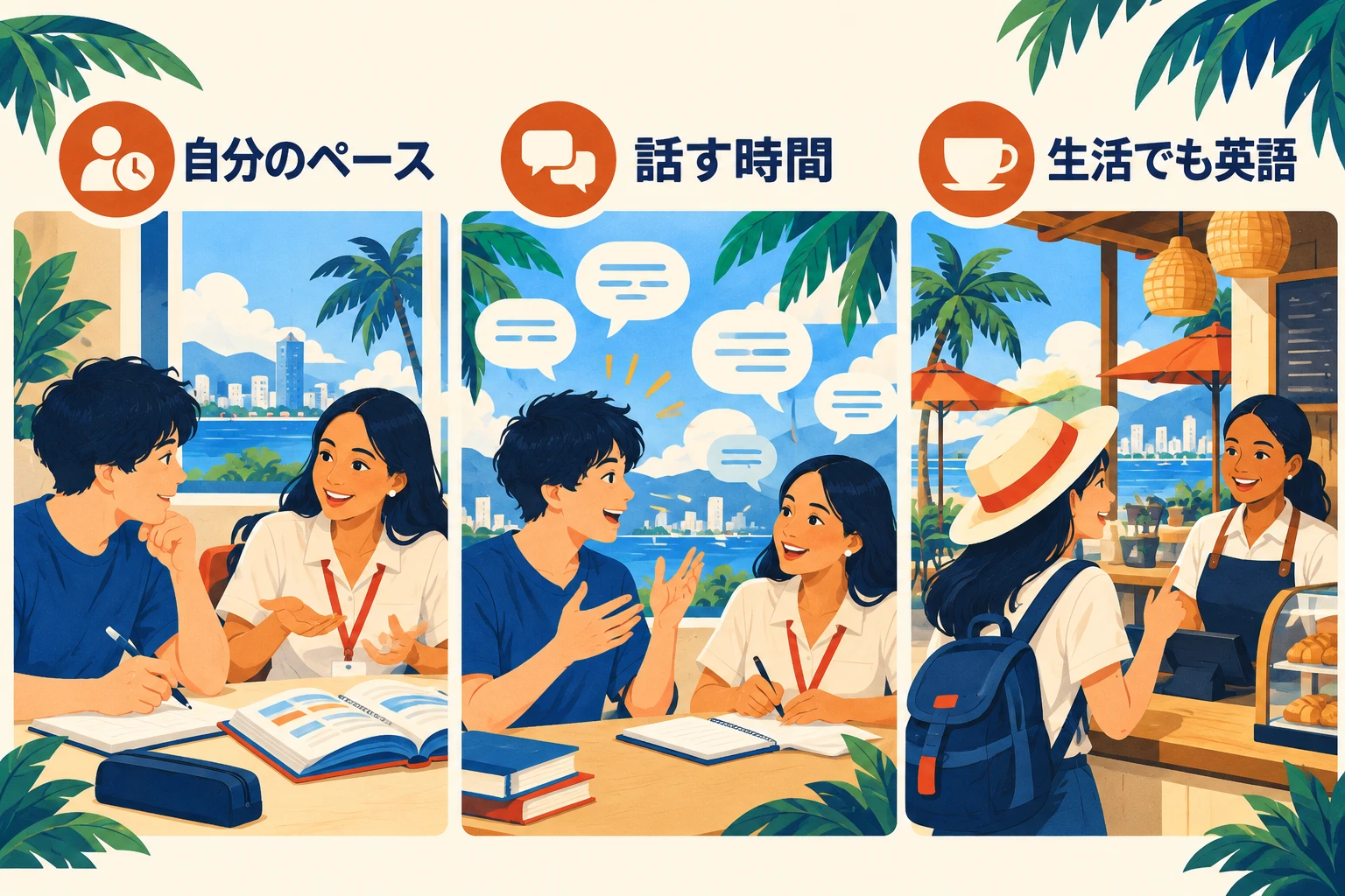 「自分のペース」「話す時間」「生活でも英語」の3つの場面で、英語初心者にセブ島留学が向いている理由を示したイラスト