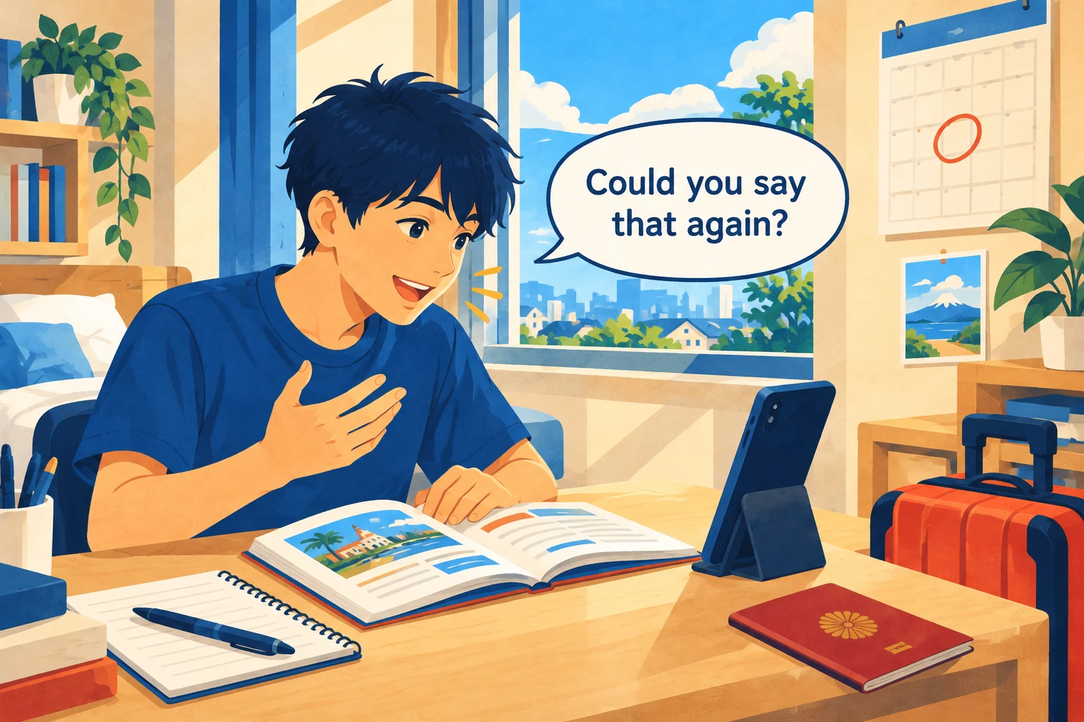 出発前に自宅の机で英語のテキストを開き、スマートフォンに向かって「Could you say that again?」と練習する学生のイラスト