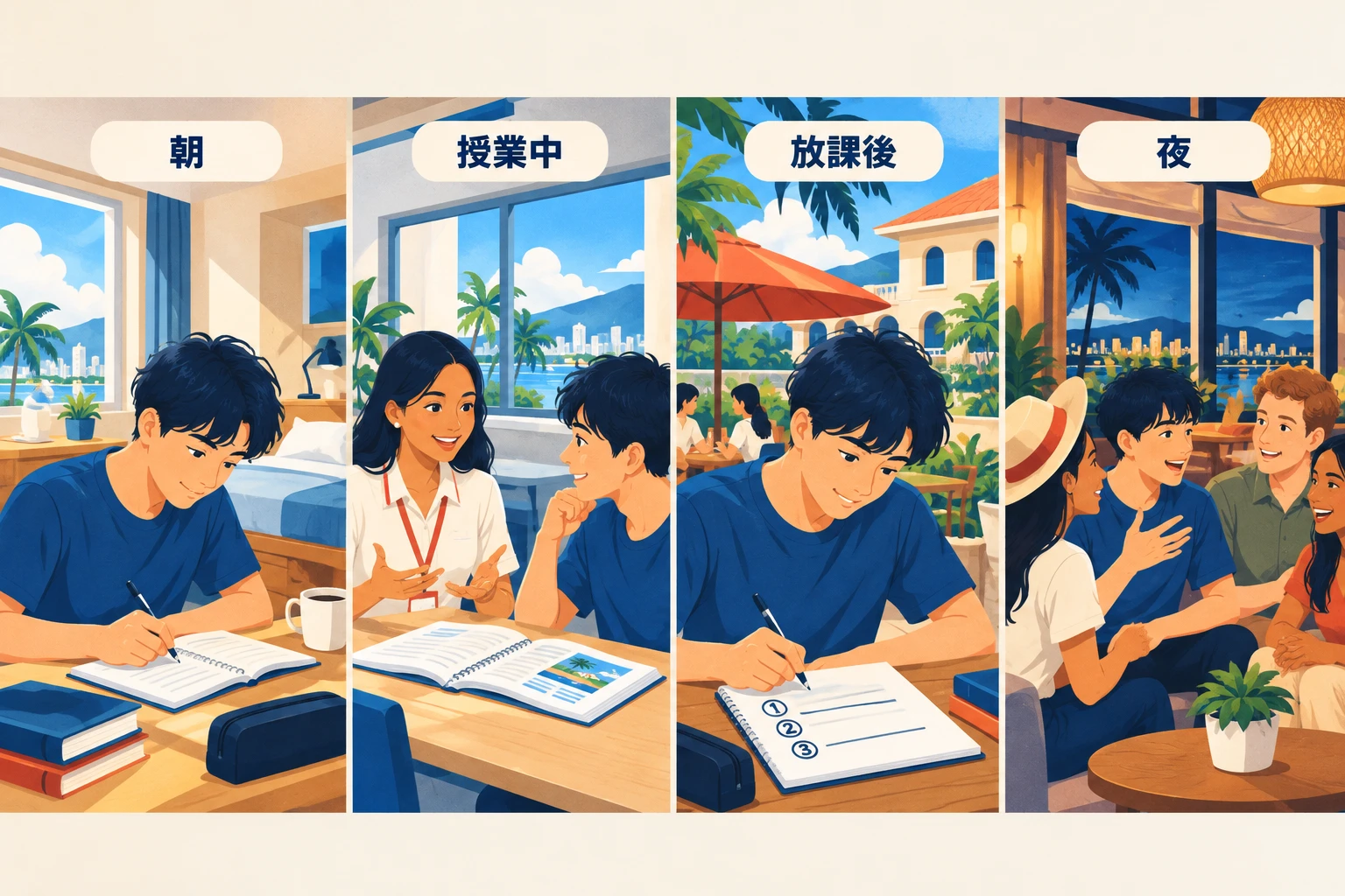 朝のメモ、授業中のマンツーマン、放課後の復習、夜のラウンジでの会話という初心者の1日の流れを4コマで描いたイラスト