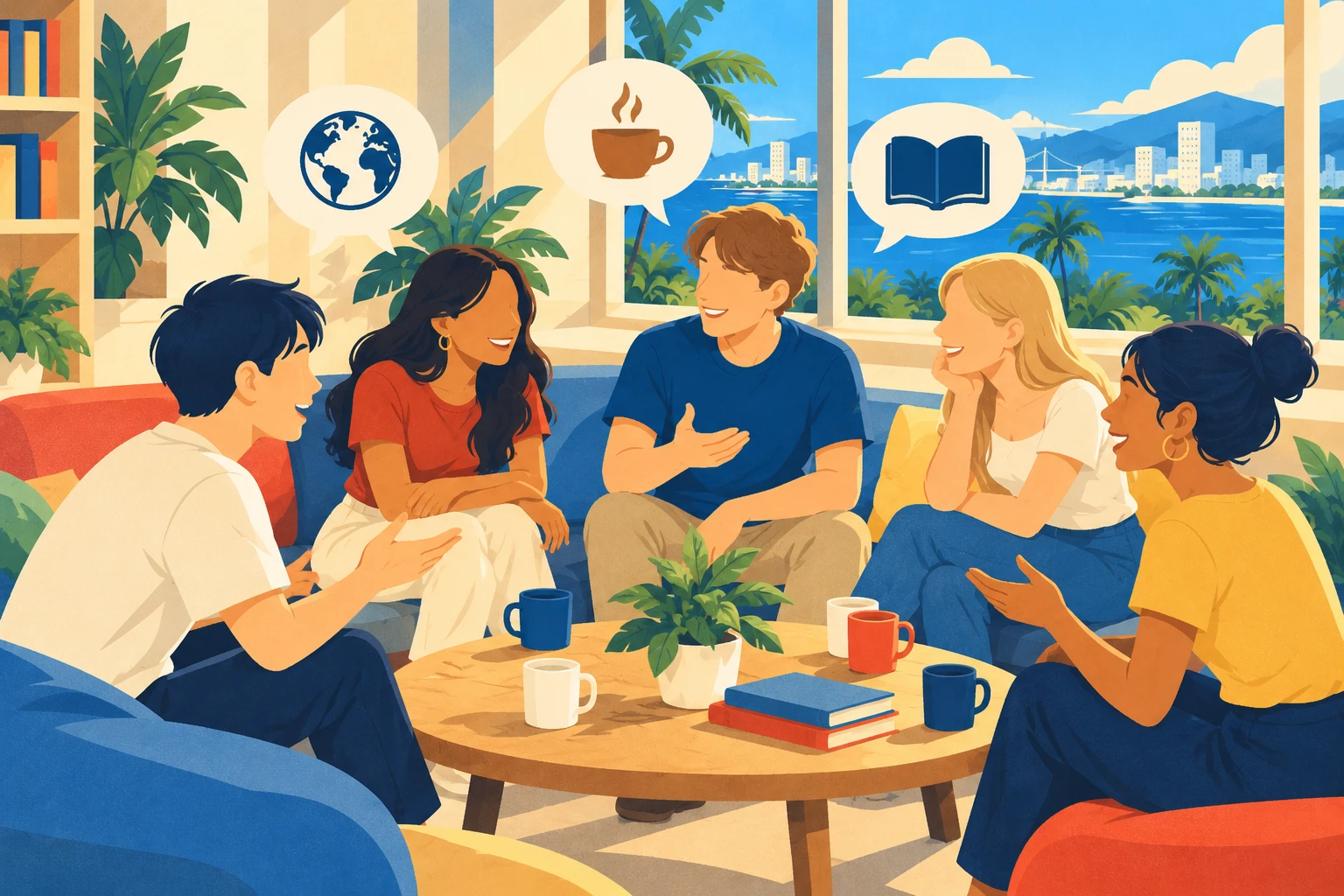 語学学校のラウンジでテーブルを囲み英語で話す、国籍の異なる5人の留学生のイラスト