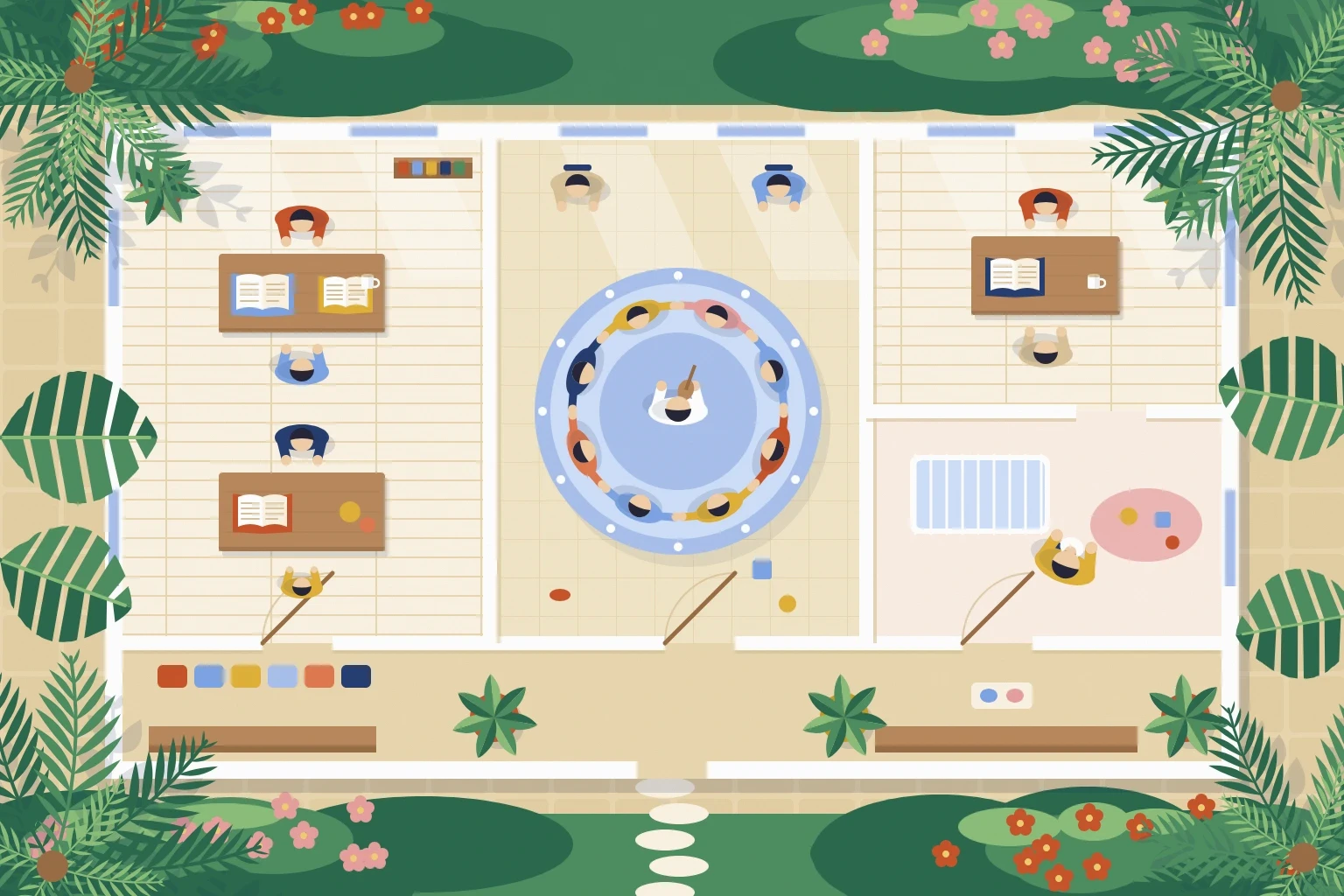 1つのフロアに、親子それぞれが学ぶ部屋・子どもが集まる部屋・託児の部屋が並ぶ親子留学の3つの受け方のイラスト