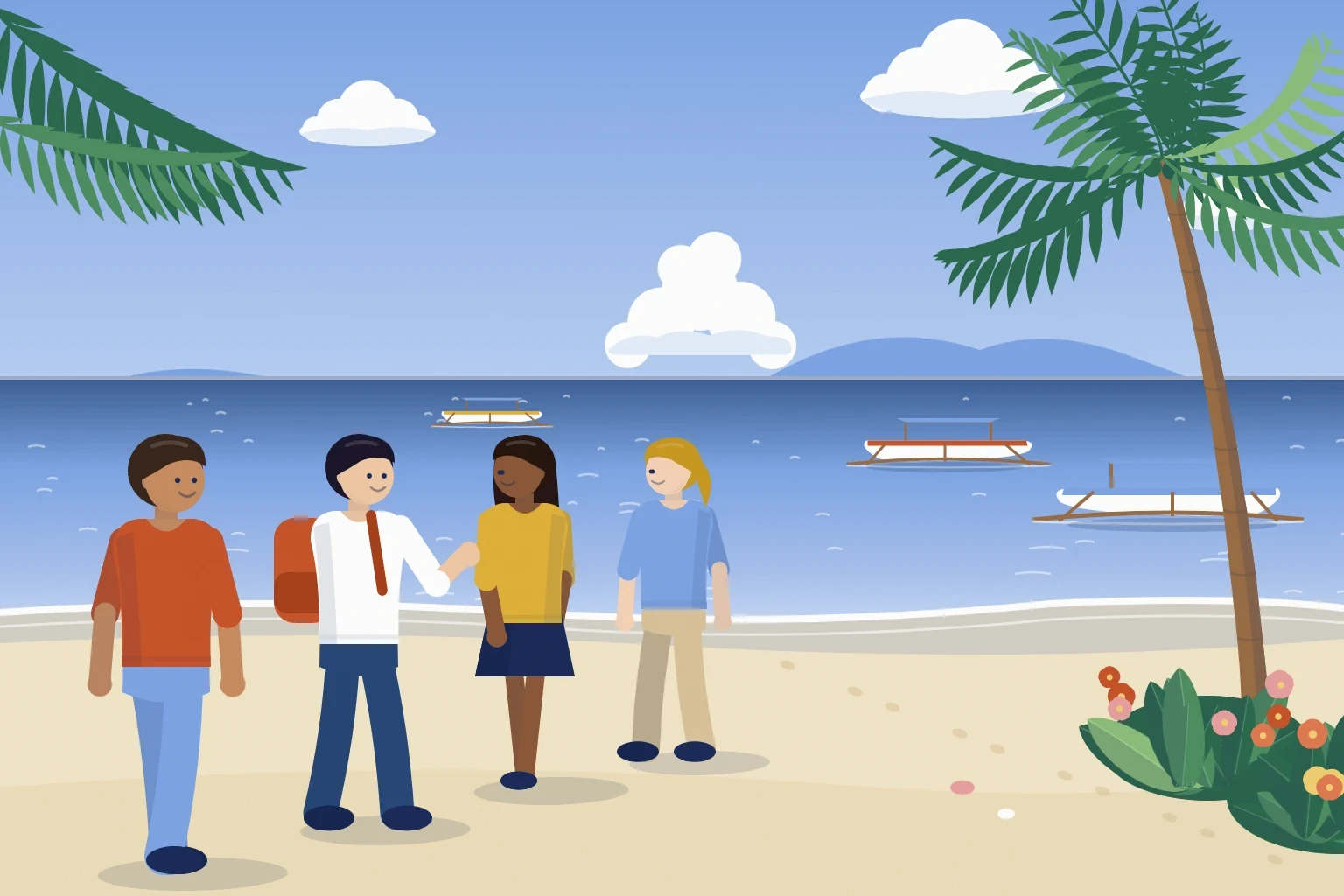 多国籍の学生グループが、バンカーボートが浮かぶ海辺の砂浜を歩くイラスト