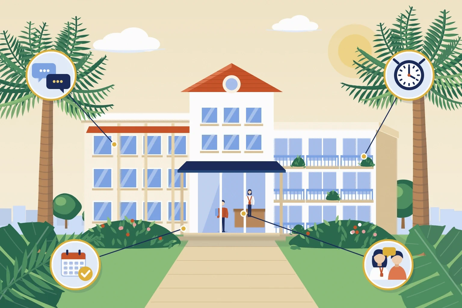 話す量・入学日・生活・日本語サポートの4つの視点で語学学校を比べるイラスト