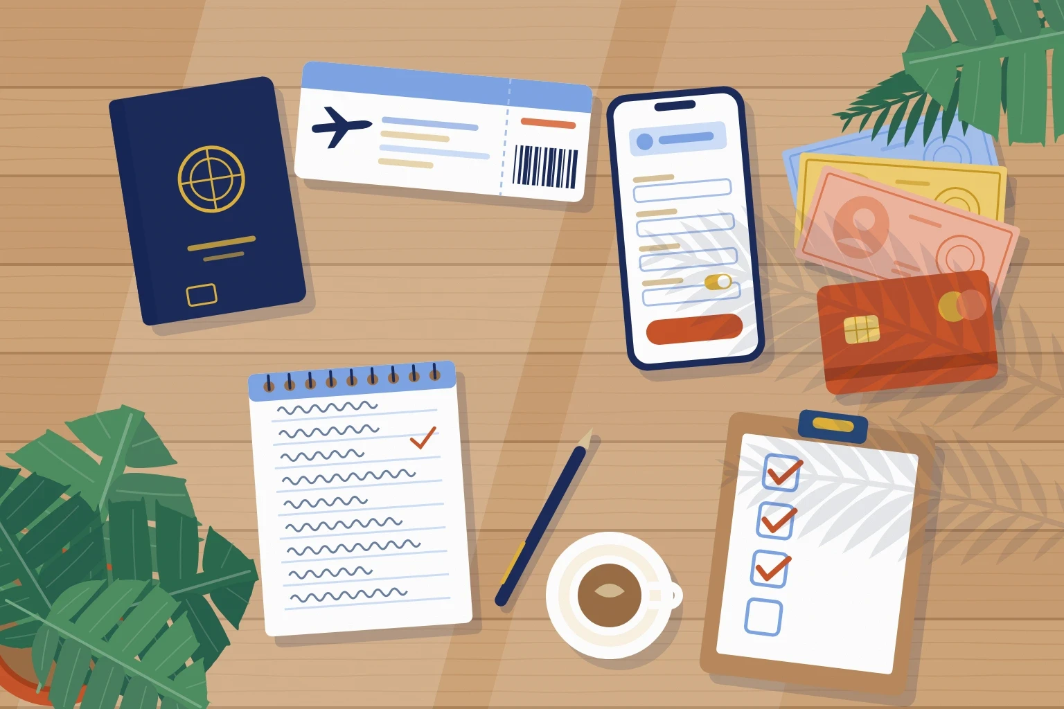 パスポート・航空券・スマホ・お金とカード・メモ帳など出発前にそろえる物を並べた机のイラスト