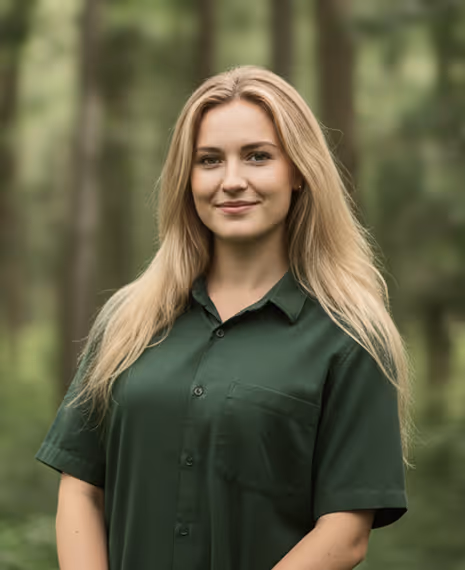 Smiling woman with long blonde hair wearing a dark green button-up shirt standing outdoors in a blurred forest background.