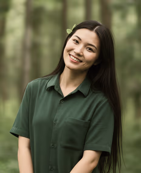 Young woman with long black hair wearing dark green shirt smiling outdoors with blurred forest background.