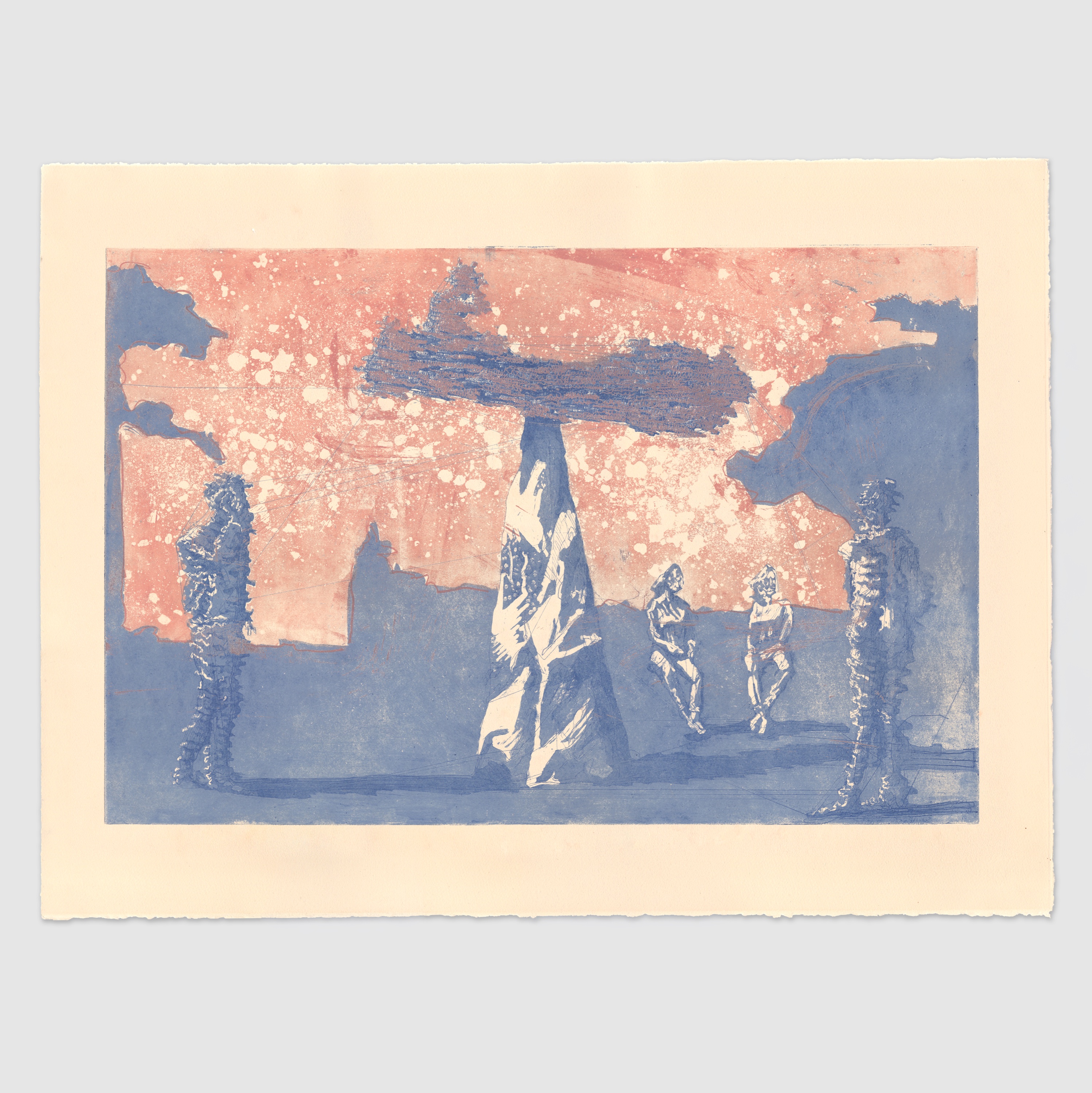 Pink and blue print showing the Shoreham boat sculpture on its stone support, with figures beside it