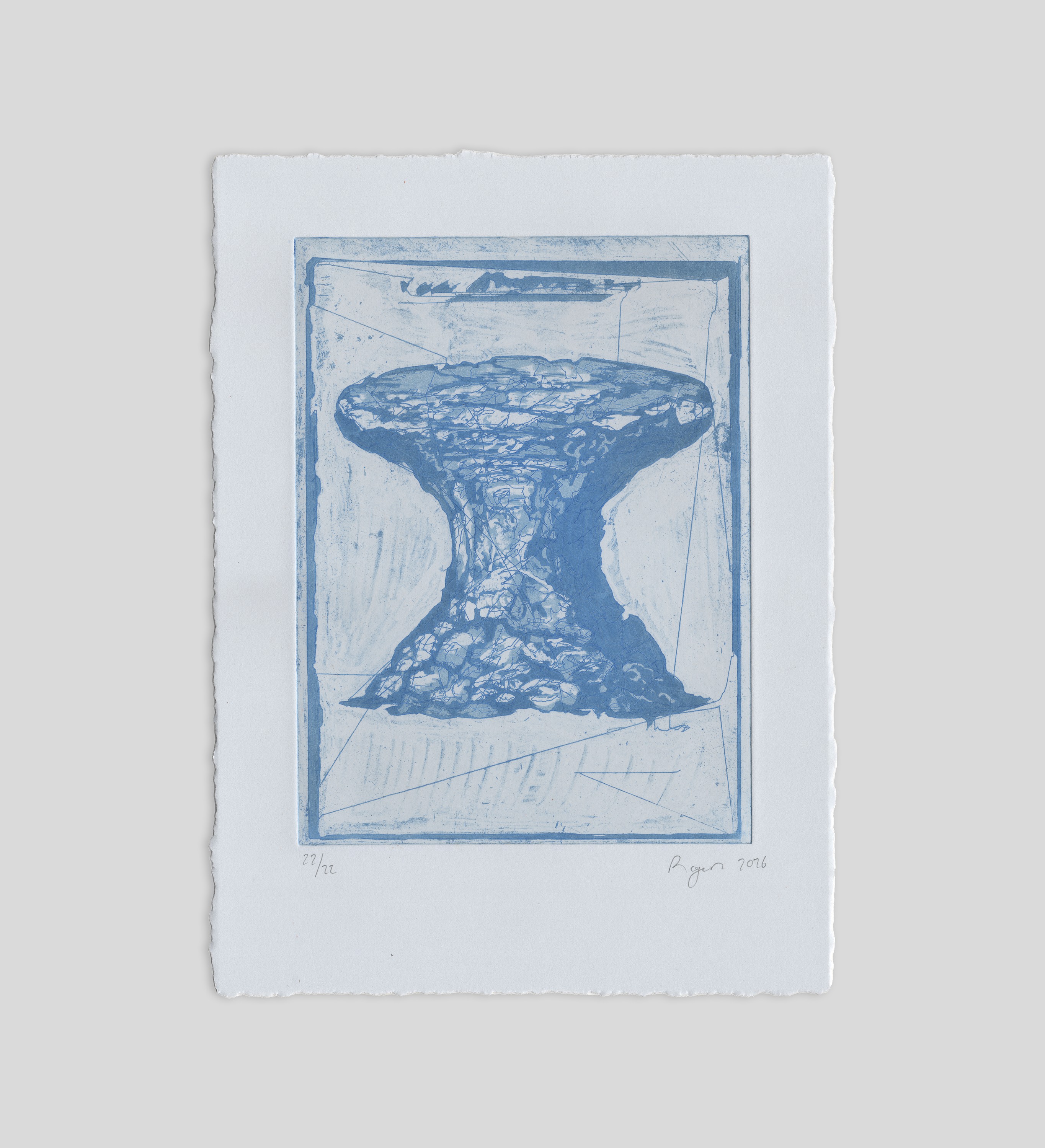 Mushroom rock — blue stitched etching from The Melodies of Mud and Sea