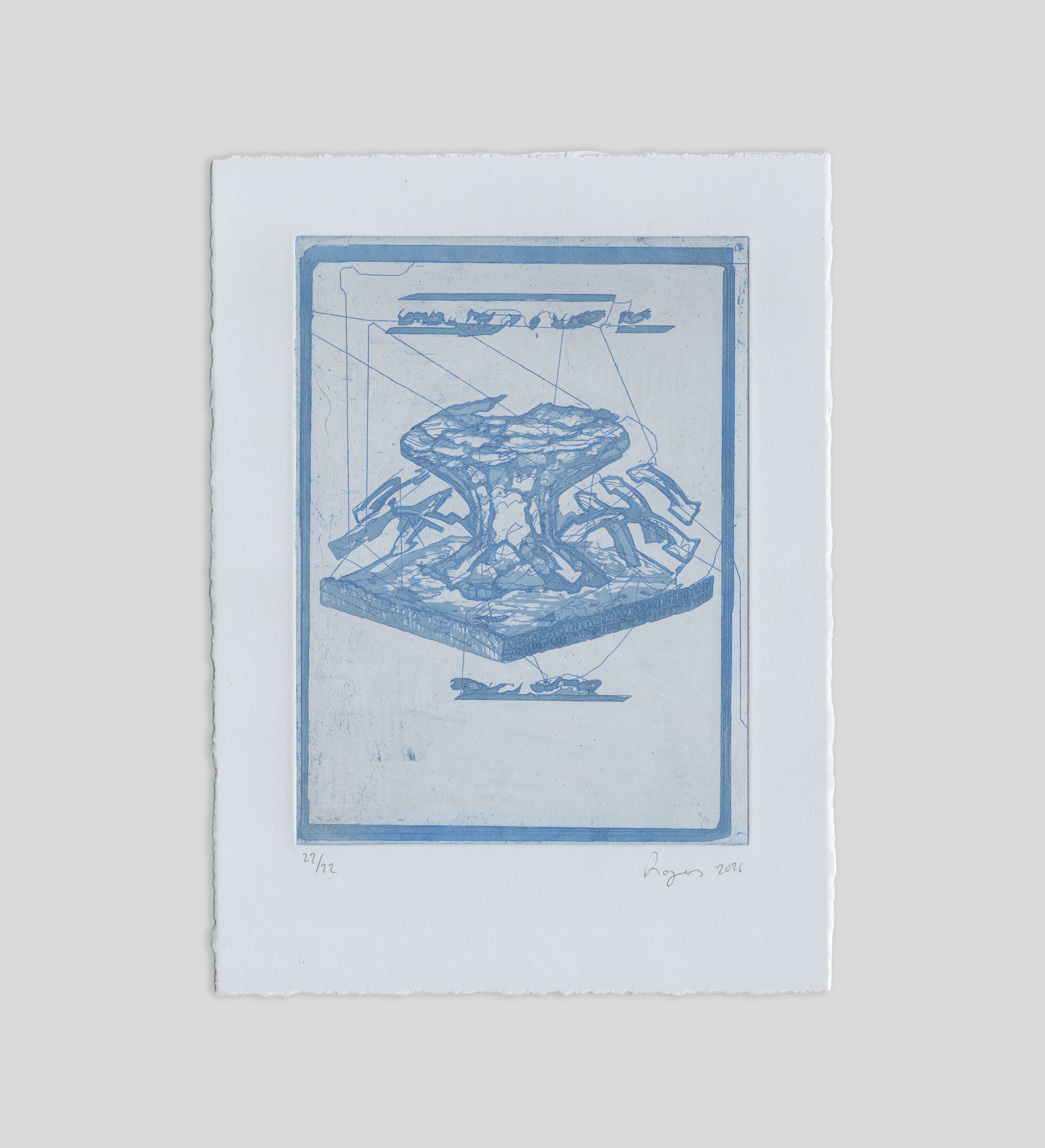 Mushroom rock — erosion process — blue stitched etching from The Melodies of Mud and Sea