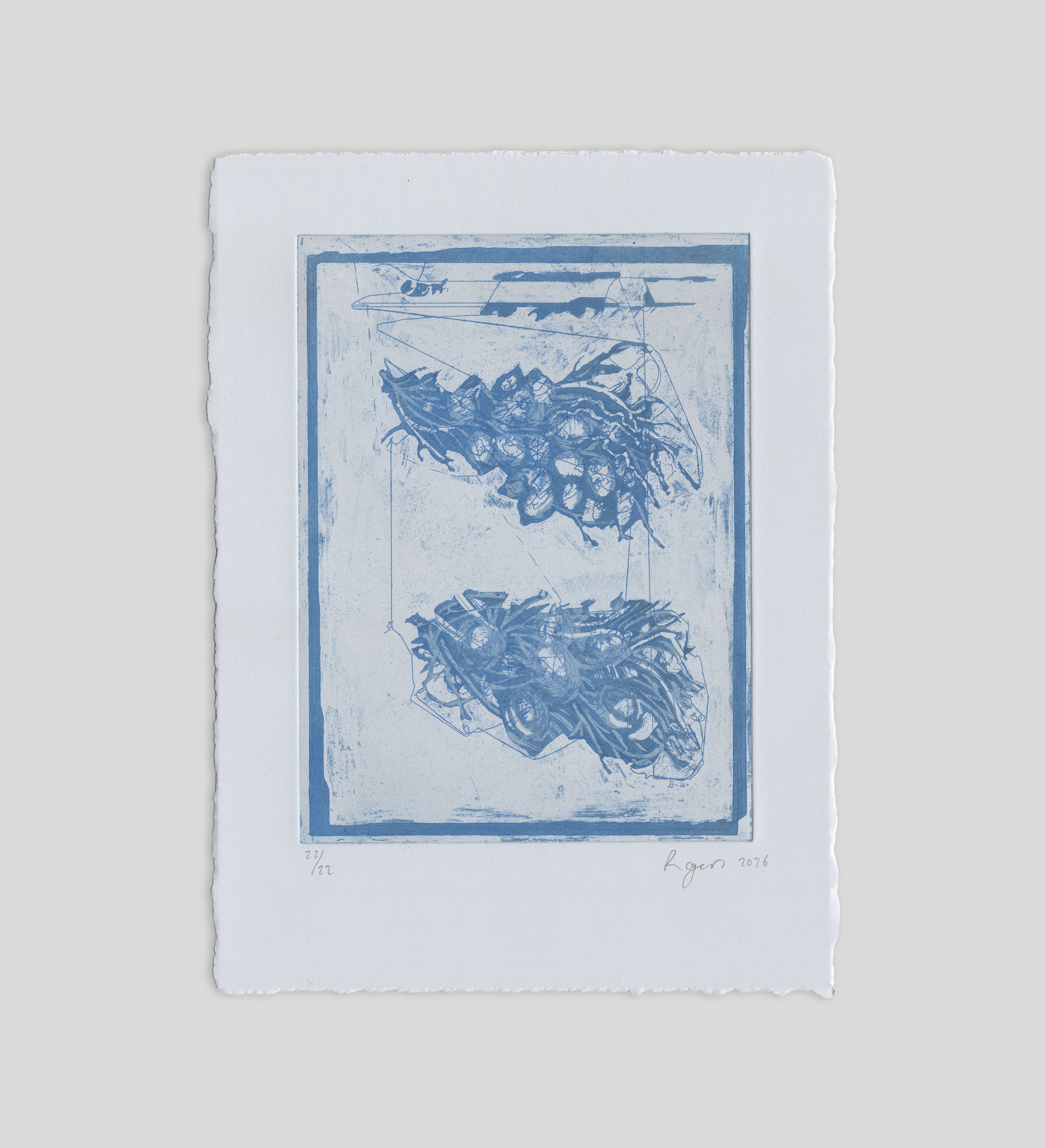 Cuttlefish eggs — blue stitched etching from The Melodies of Mud and Sea