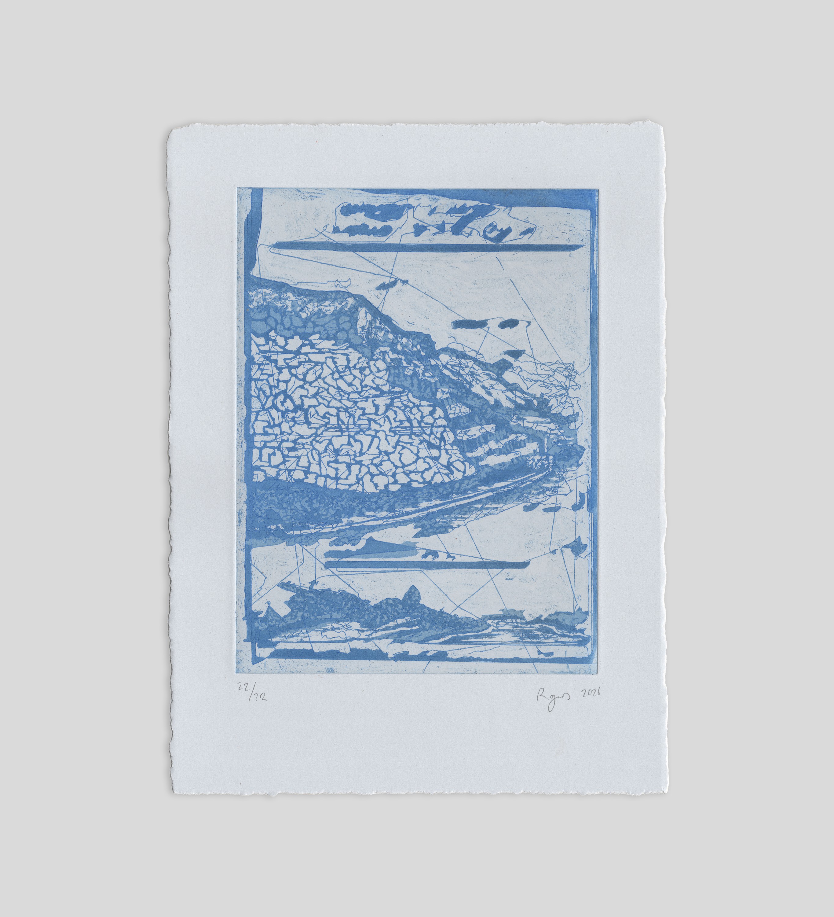 Shoreham geological foundations — blue stitched etching from The Melodies of Mud and Sea