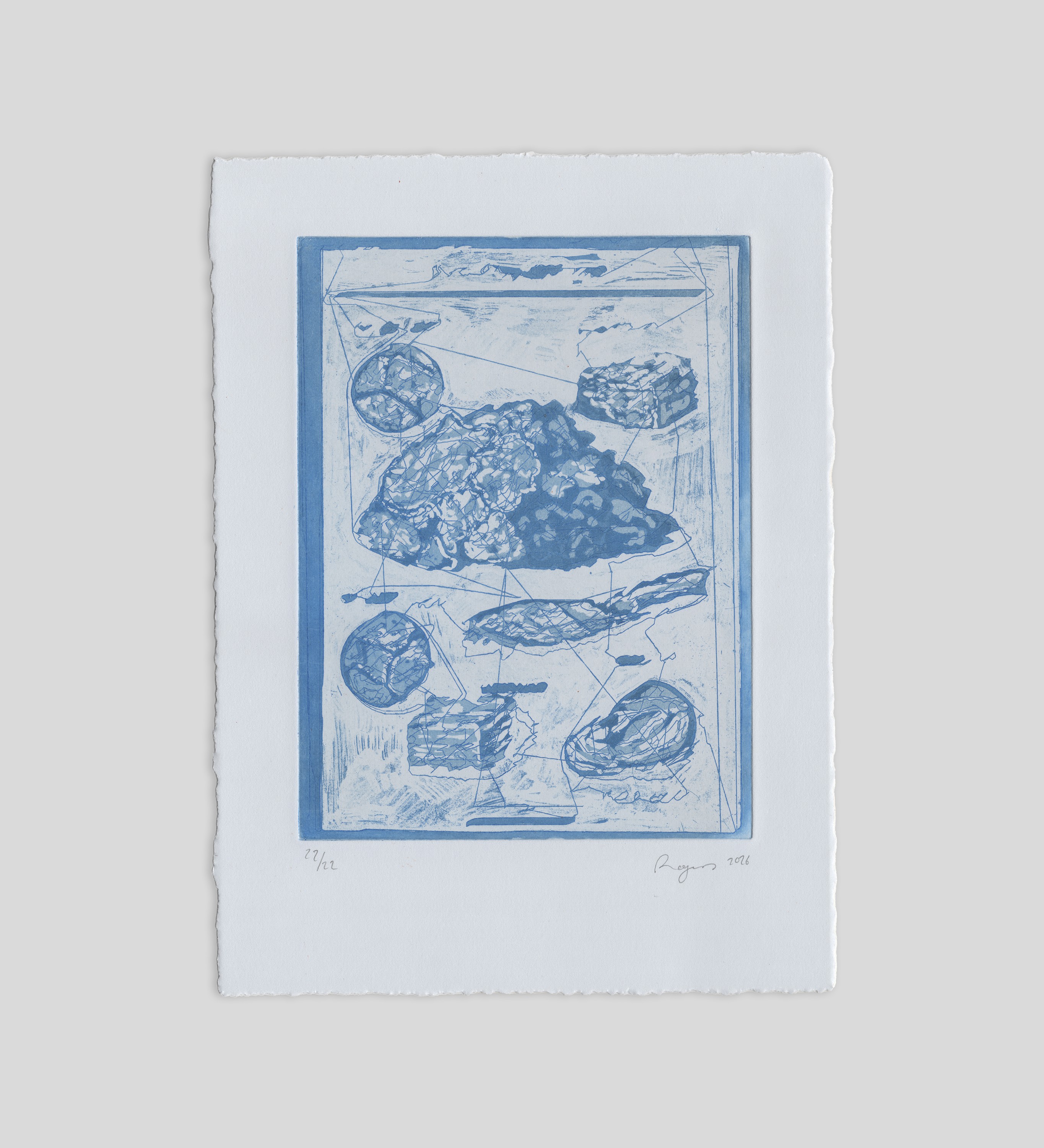 Raw clay specimen — blue stitched etching from The Melodies of Mud and Sea