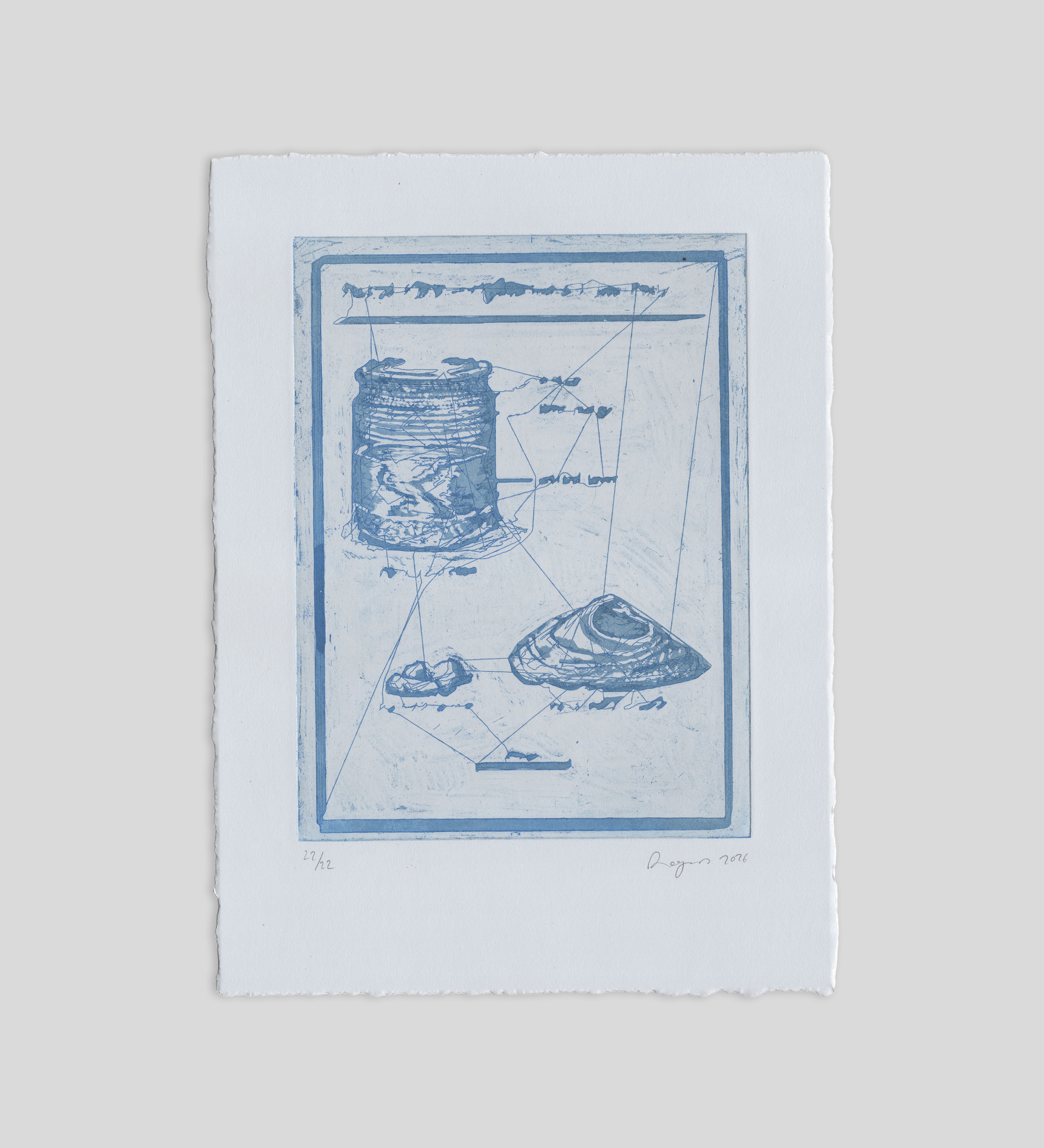 Slaked lime — blue stitched etching from The Melodies of Mud and Sea