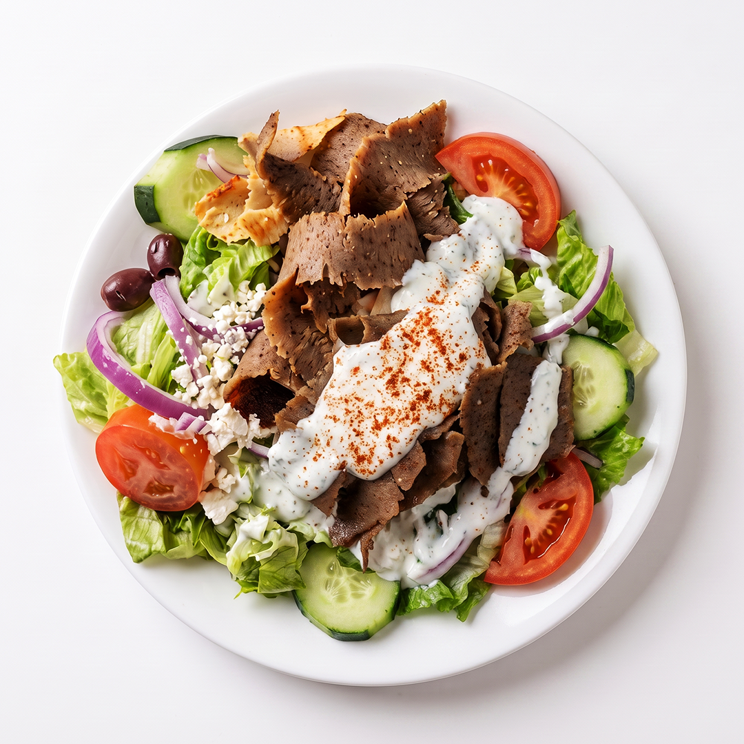 Fresh Greek salad, rice and sides from Tino's