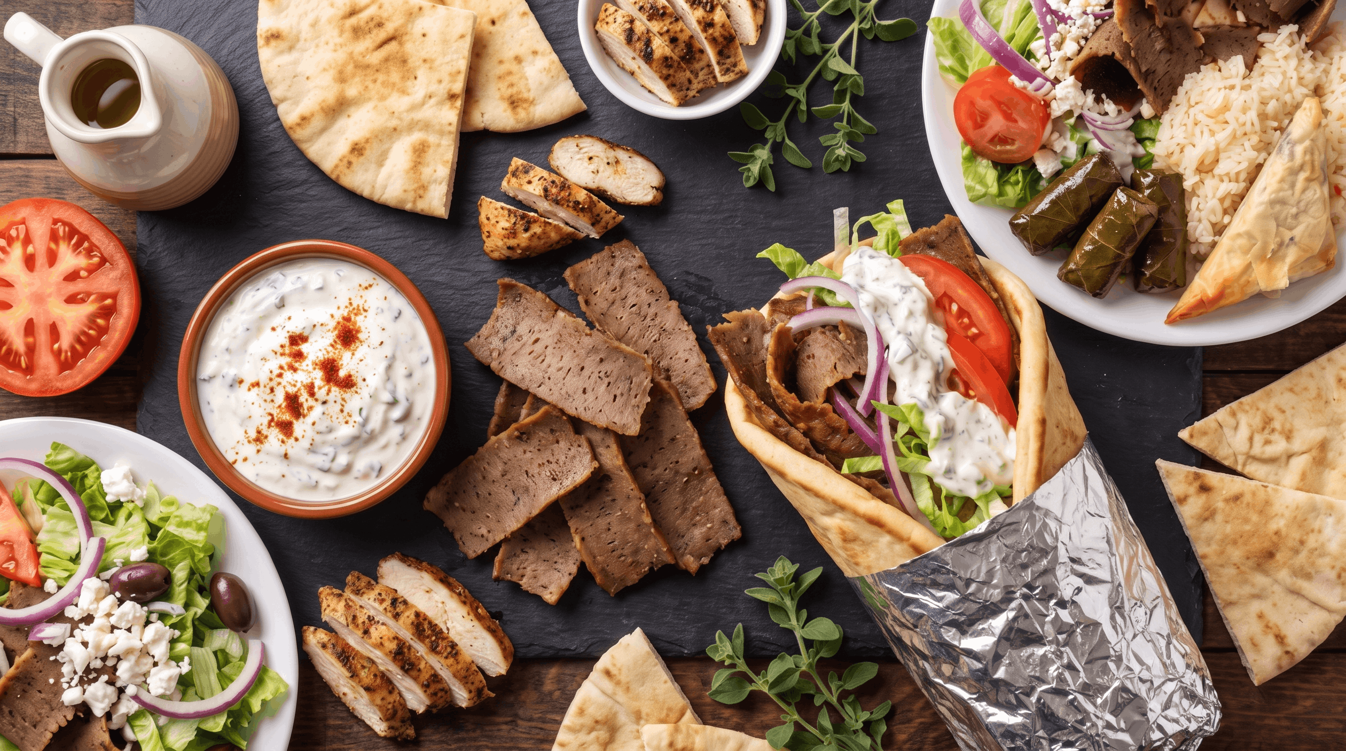 Colorful Tino's Greek plate with falafel, tabouli, salad and hummus