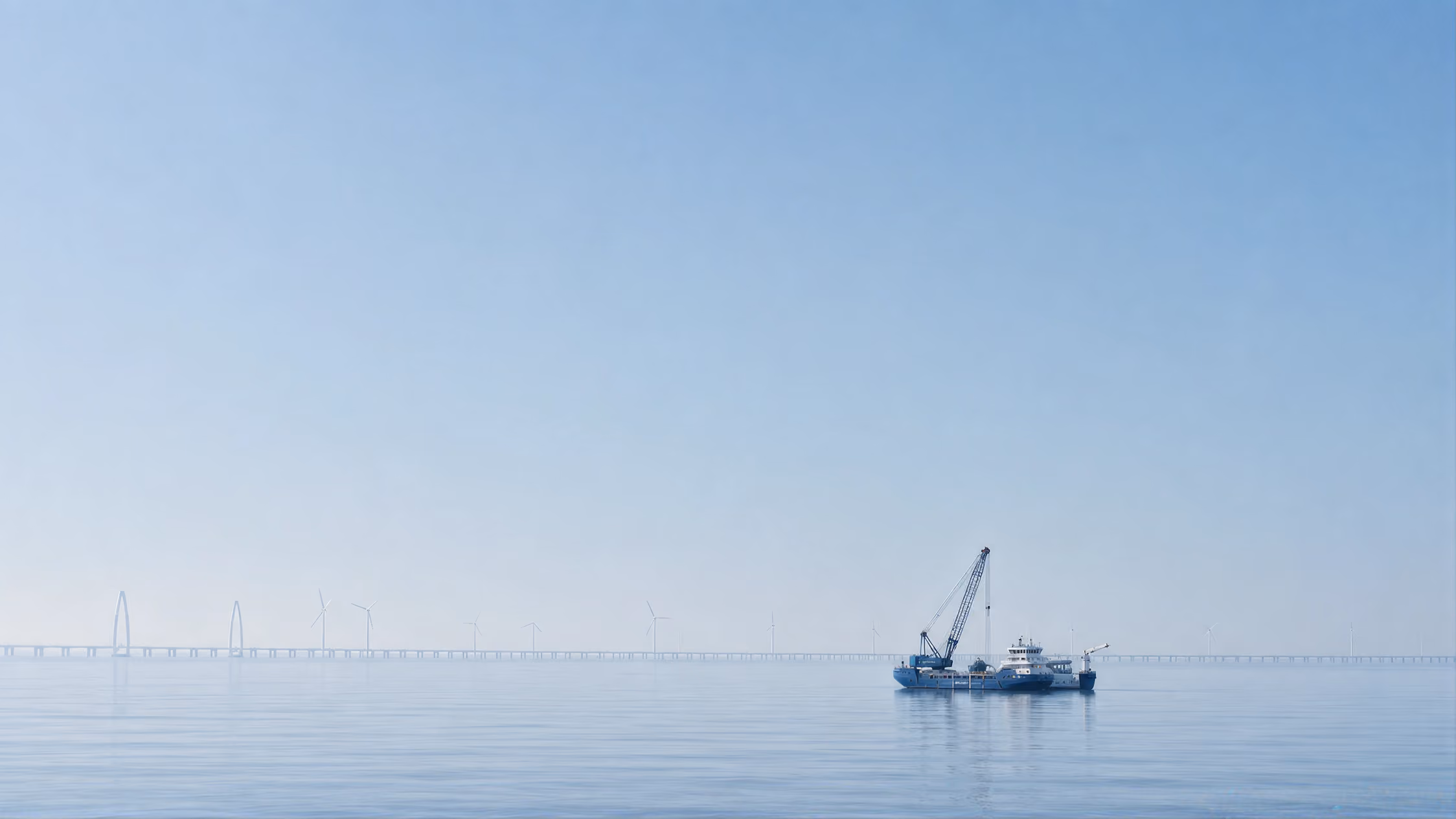 Crane vessel at sea near a long suspension bridge