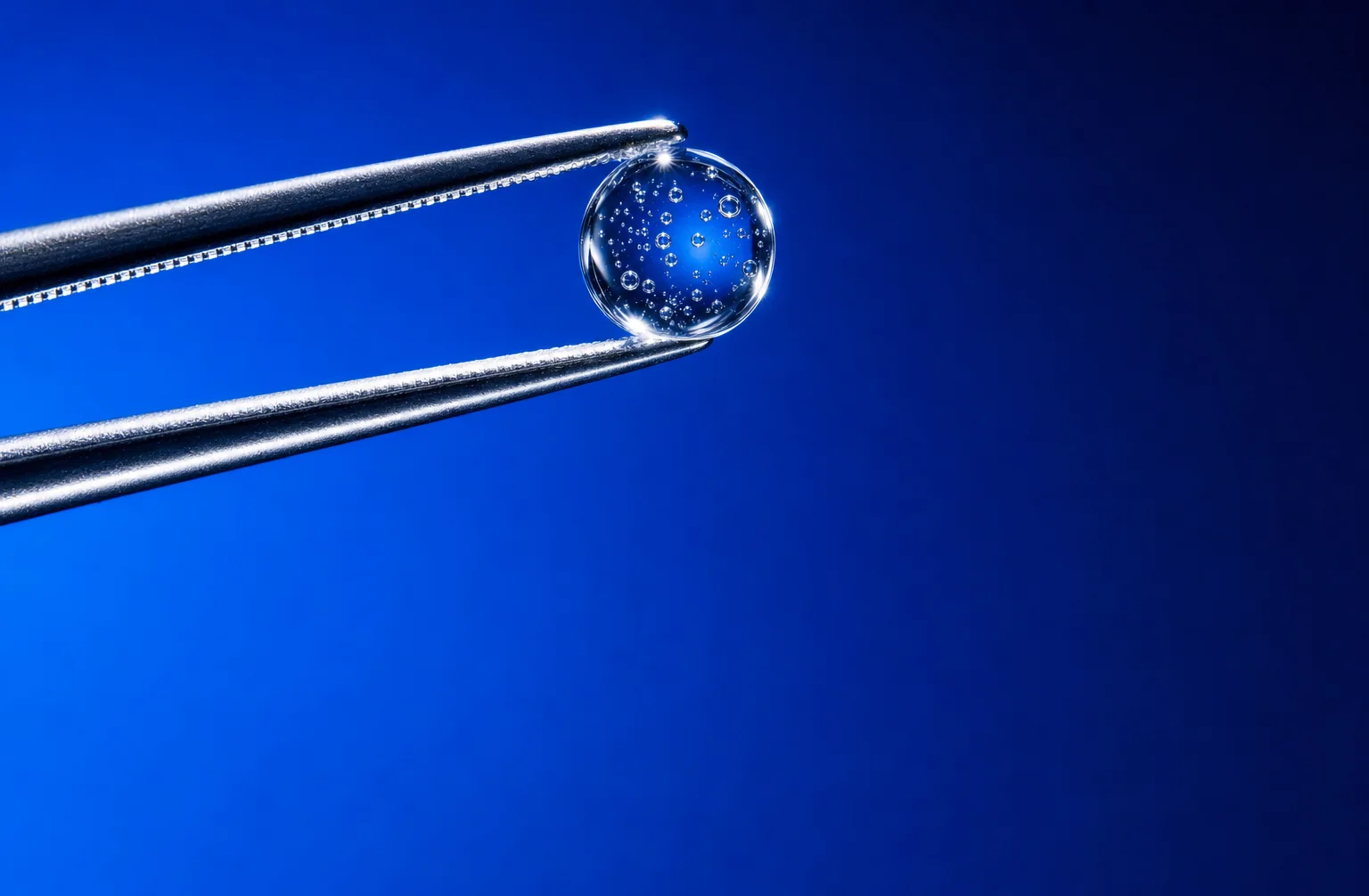 Macro of a single droplet held in precision forceps on brand blue