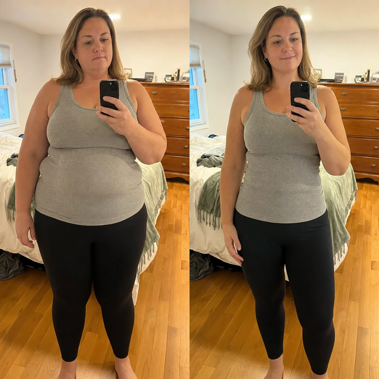 Side by side before and after mirror photos of a member following weight loss