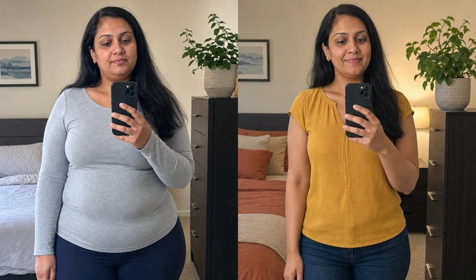 Priya S. before and after, side by side mirror photos