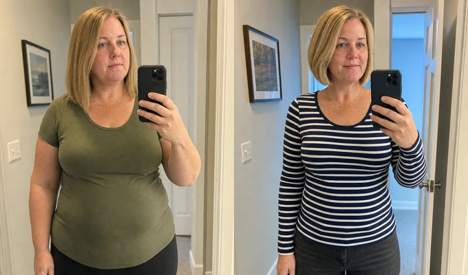 Danielle P. before and after, side by side mirror photos