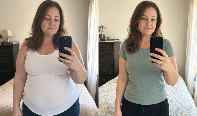 Rachel M. before and after, side by side mirror photos