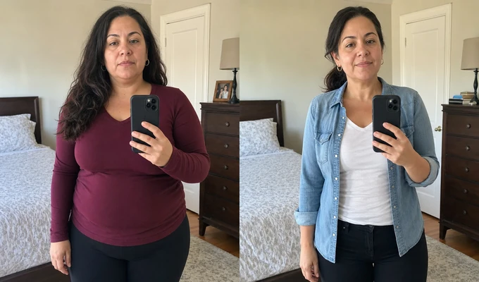 Angela R. before and after, side by side mirror photos