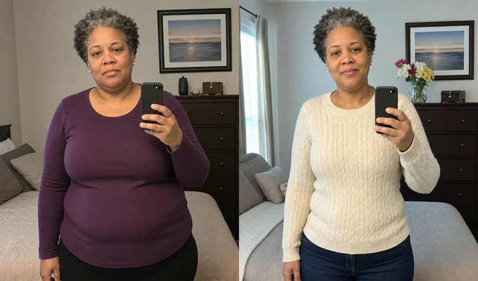 Simone W. before and after, side by side mirror photos taken a year apart
