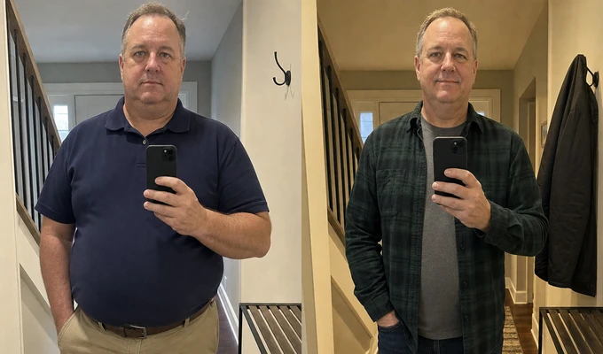 Derek L. before and after, side by side mirror photos taken a year apart