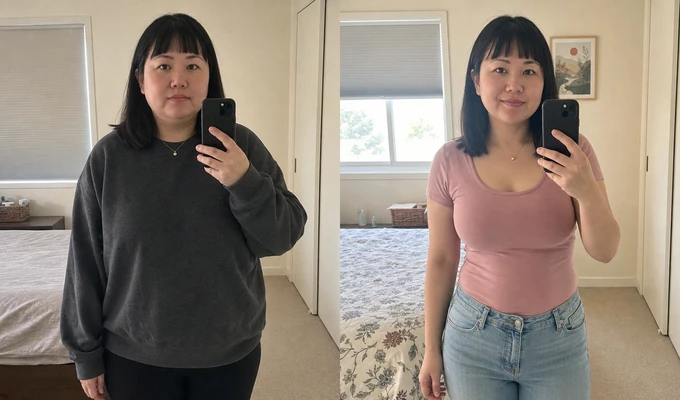 Nicole B. before and after, side by side mirror photos taken a year apart