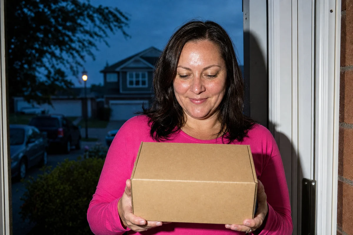 A woman receiving her medication delivery at her front door