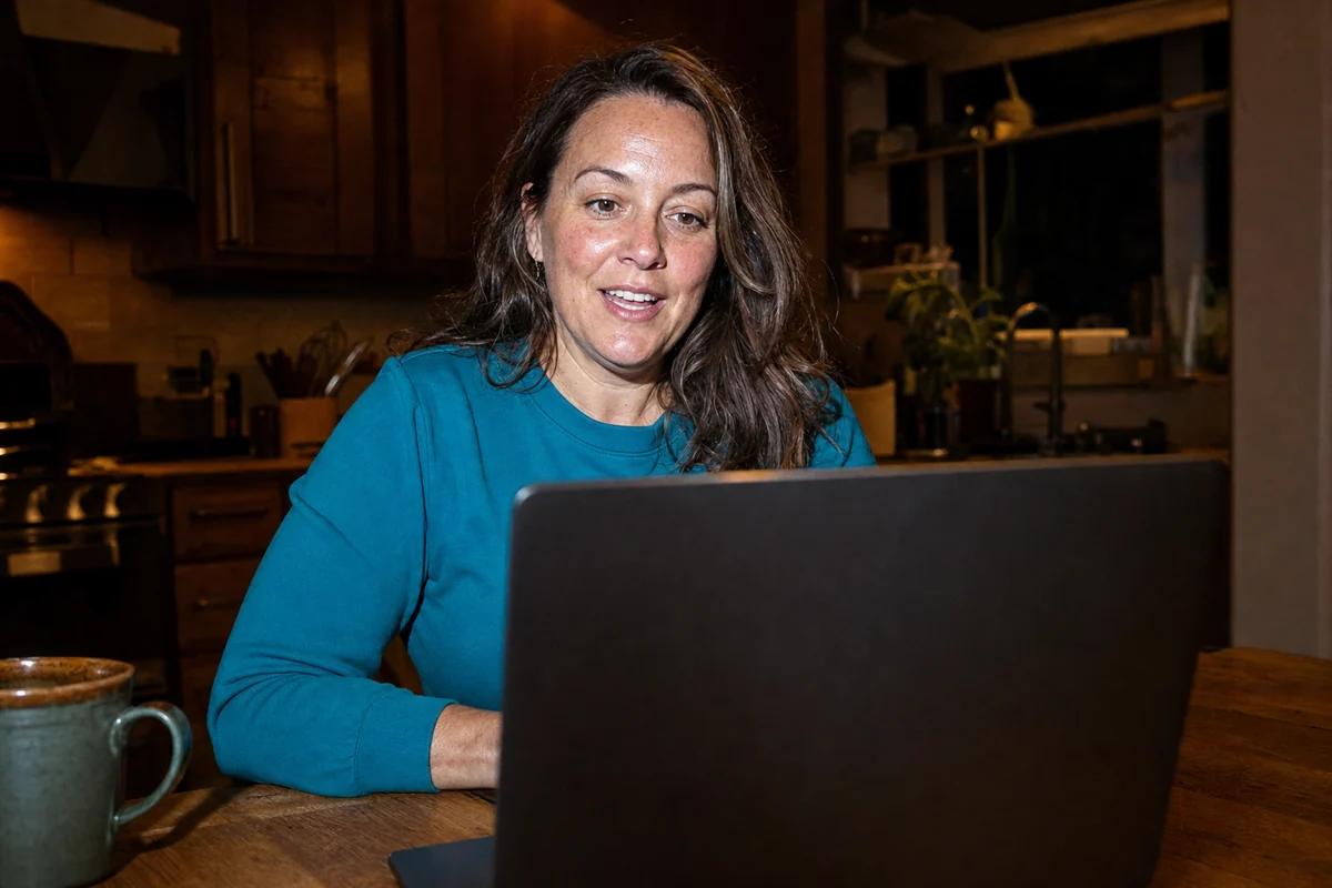 A woman at her kitchen table on a laptop starting her online medical evaluation