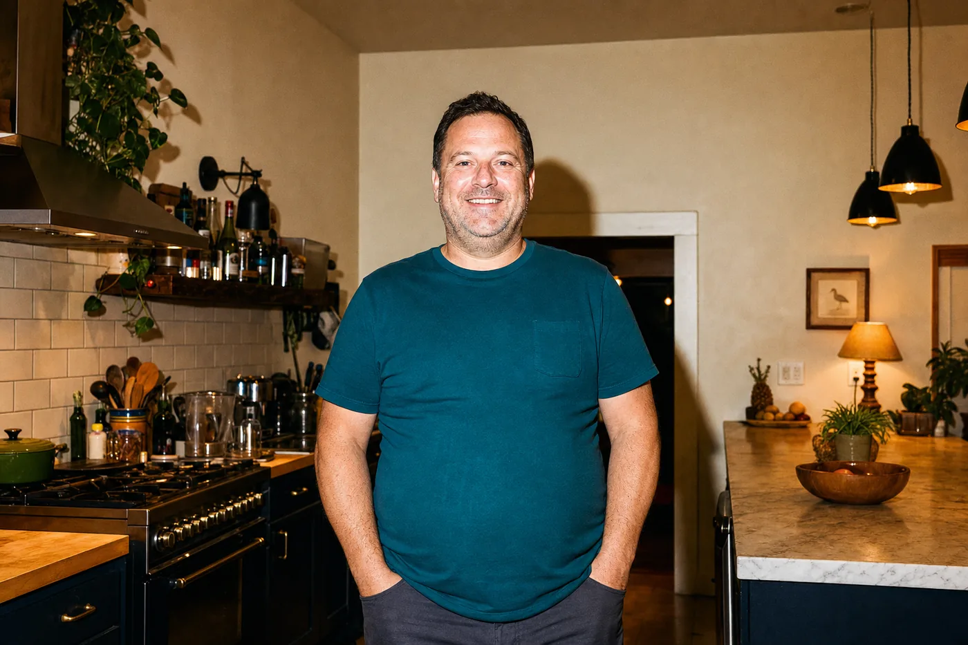 A man in his forties smiling in his kitchen at home