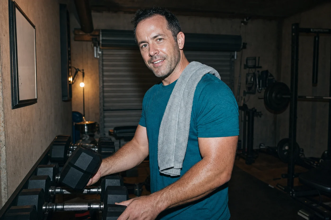 A man in his forties racking a dumbbell in his home gym
