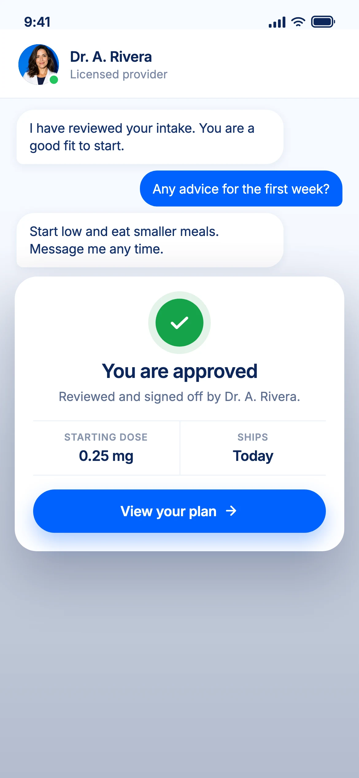 A conversation with a licensed Science and Co provider, ending in an approval
